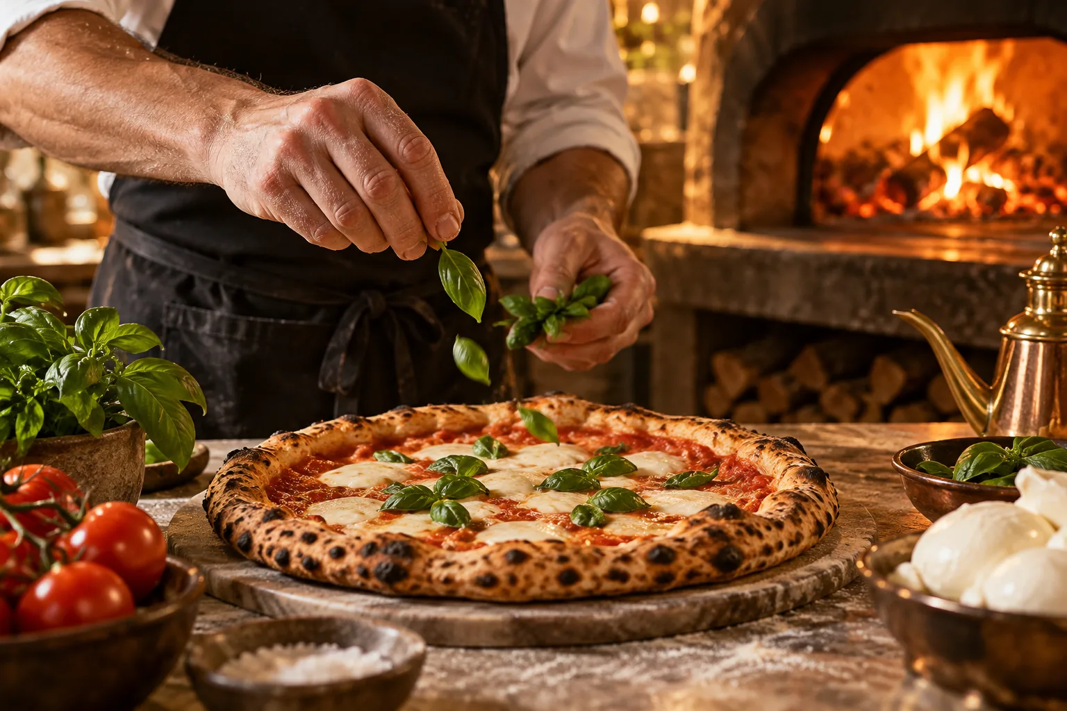 Chef finishing a fresh pizza beside a glowing oven